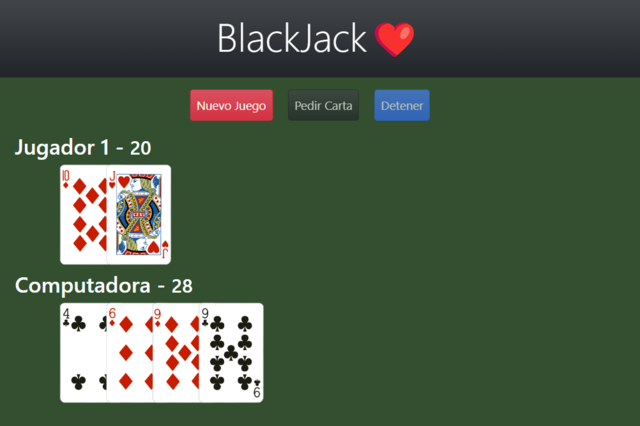 imagen de la aplicación del juego del Blackjack